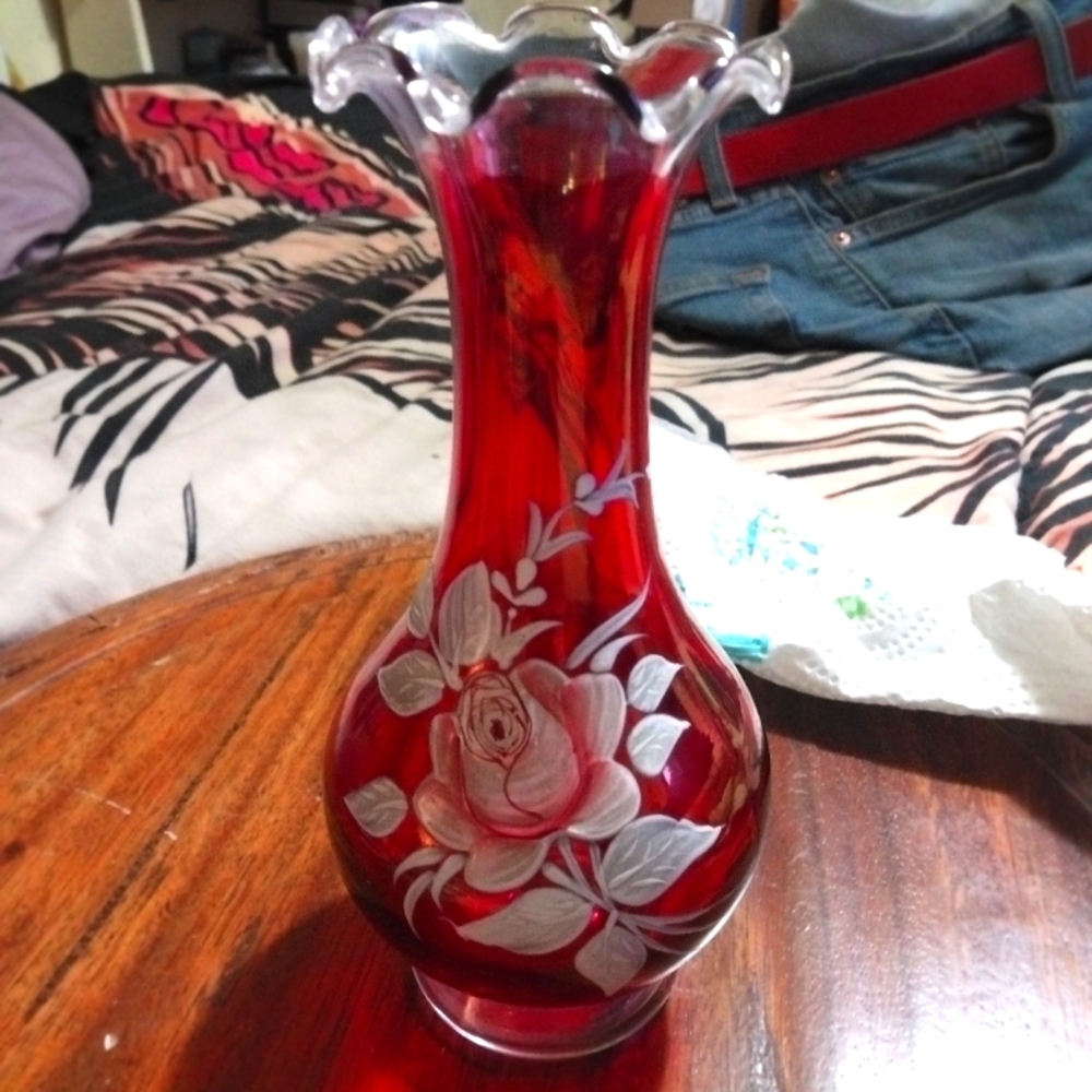Vintage Westmoreland Ruby Red Luster Glass Vase Signed 1977